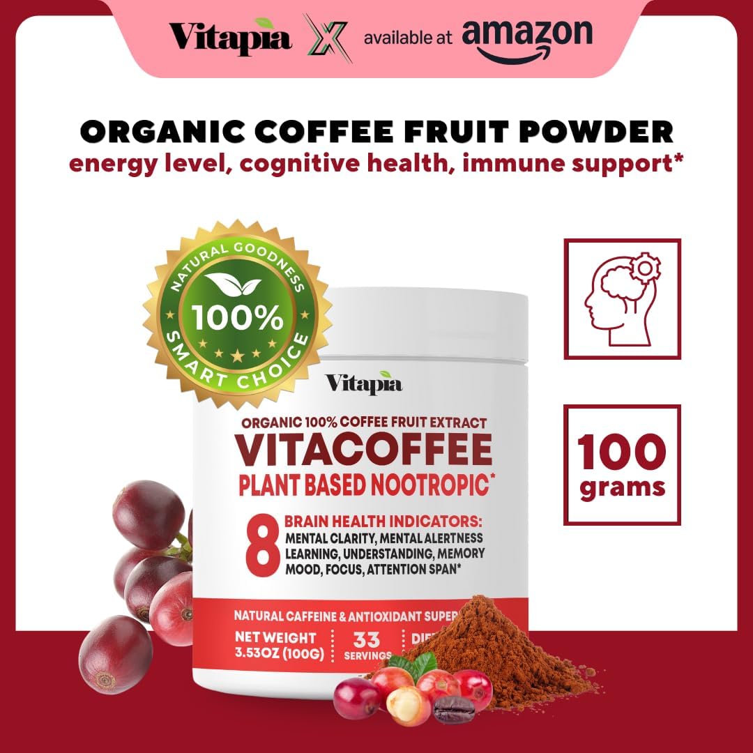 Vitapia Vitacoffee Caffeine Coffee Fruit Powder - Energy, Memory, Focus, Antioxidant - 100g, 33 Day Supply - Non-GMO, Gluten-Free, Vegan Supplement