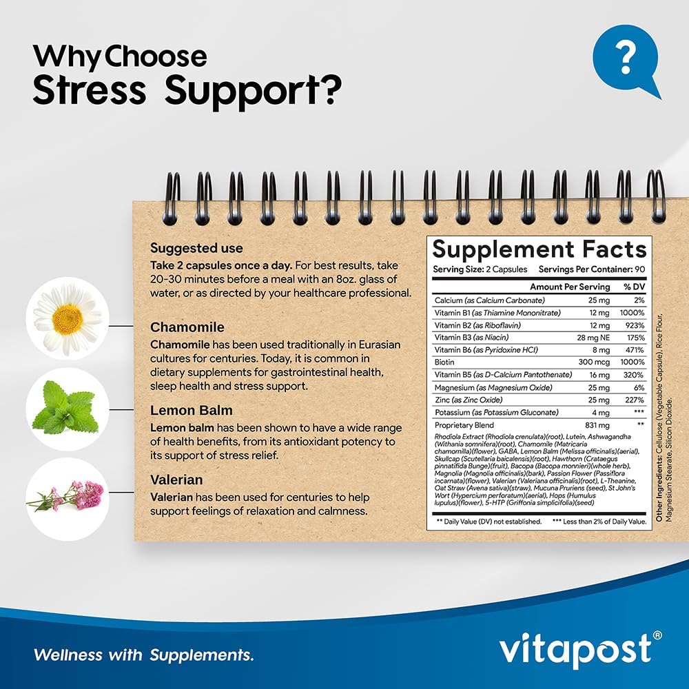 VitaPost Stress Support Supplement with Natural Ingredients for Healthy Stress Response - 180 Capsules