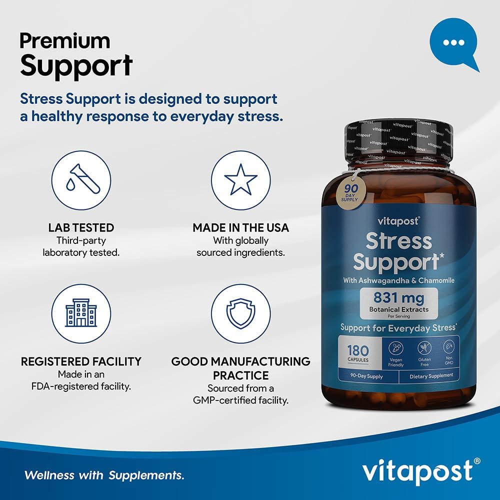 VitaPost Stress Support Supplement with Natural Ingredients for Healthy Stress Response - 180 Capsules