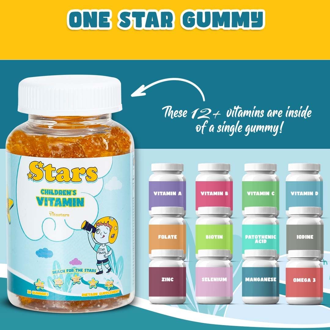Vitastars Kids Multivitamin Gummies with Omega 3, Plant-Based Vitamins A, B, C, D, Manganese - 60 Gluten-Free Star-Shaped Gummy Vitamins for Children - BoostGo Australia