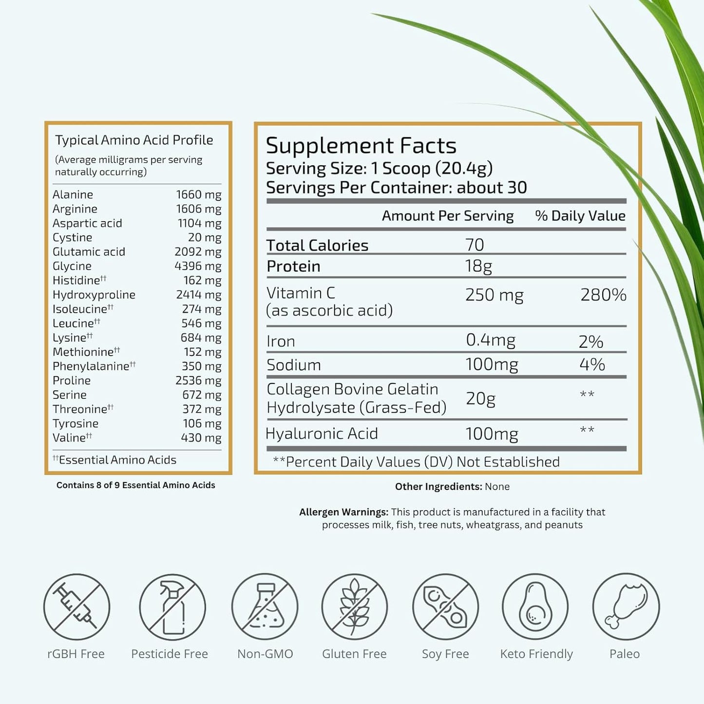 VitaTradingCo. Grass-Fed Collagen Peptides Powder with Hyaluronic Acid & Vitamin C for Hair, Skin & Joints - Non-GMO, Paleo, Keto - 30 Servings