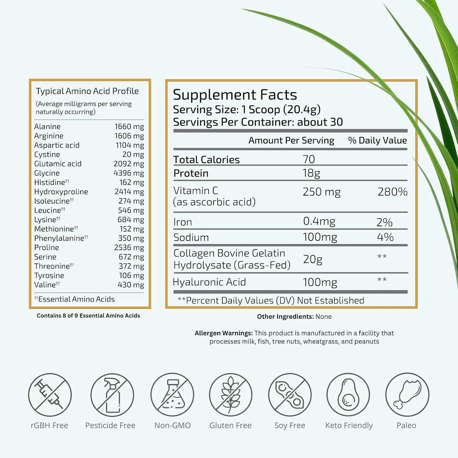 VitaTradingCo. Grass-Fed Collagen Peptides Powder with Hyaluronic Acid & Vitamin C for Hair, Skin & Joints - Non-GMO, Paleo, Keto - 30 Servings