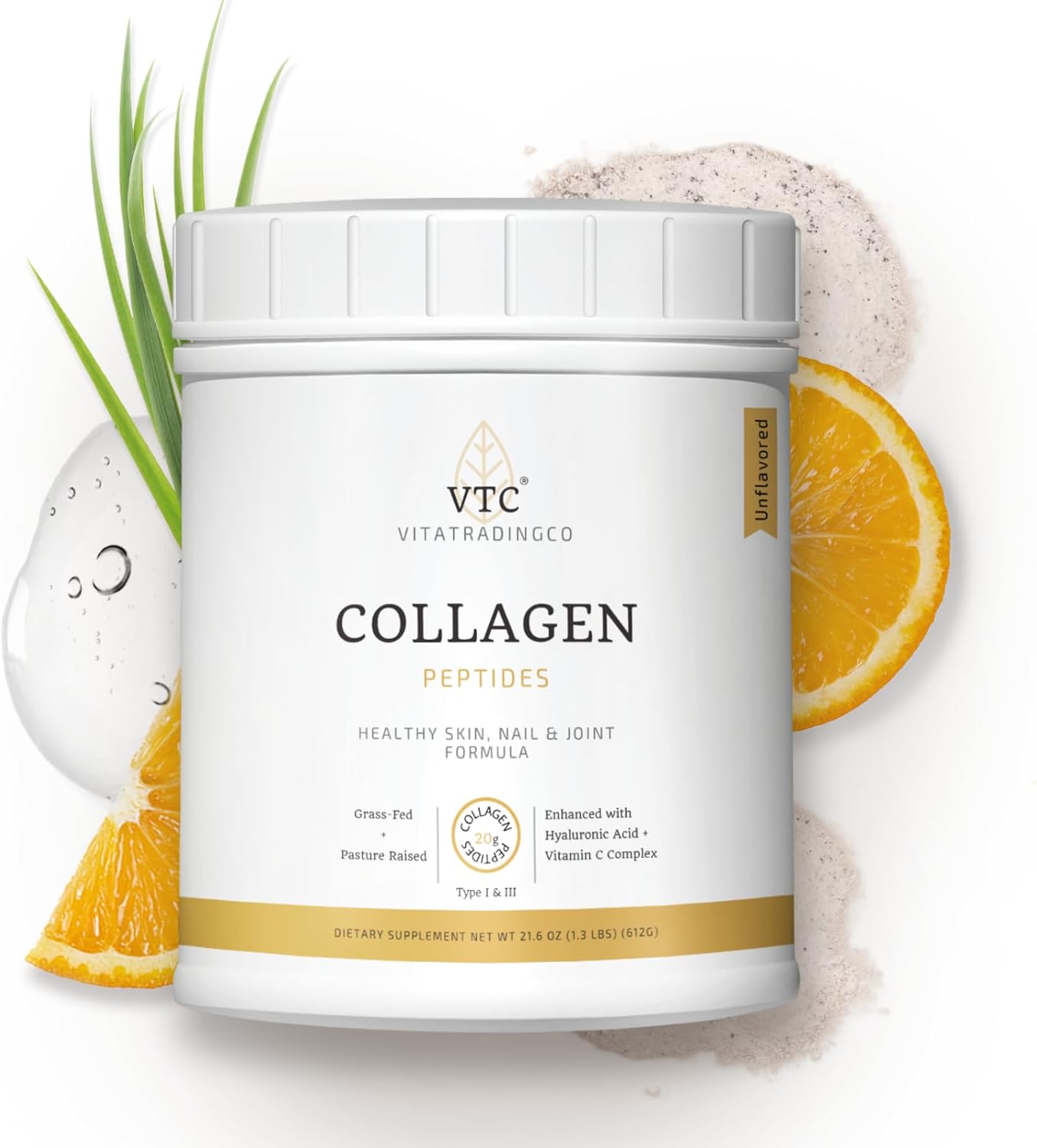 VitaTradingCo. Grass-Fed Collagen Peptides Powder with Hyaluronic Acid & Vitamin C for Hair, Skin & Joints - Non-GMO, Paleo, Keto - 30 Servings