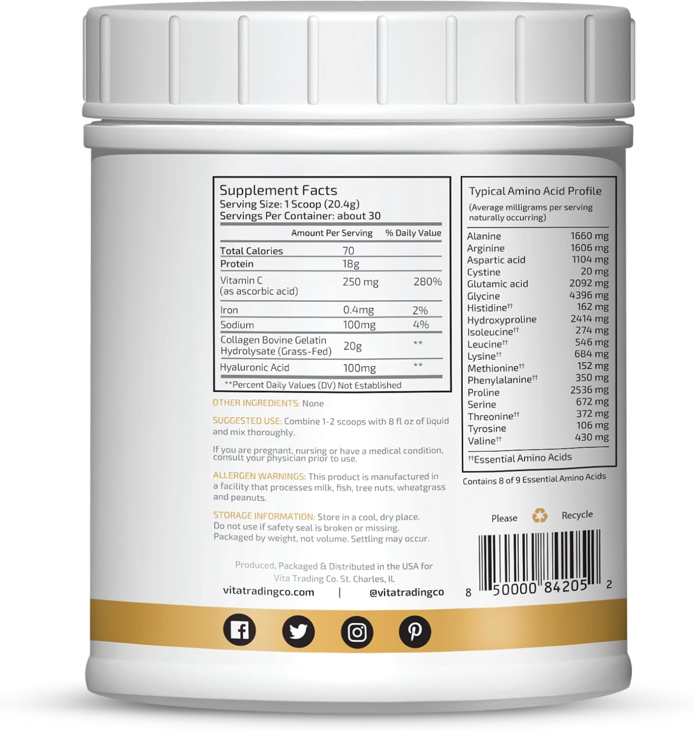 VitaTradingCo. Grass-Fed Collagen Peptides Powder with Hyaluronic Acid & Vitamin C for Hair, Skin & Joints - Non-GMO, Paleo, Keto - 30 Servings