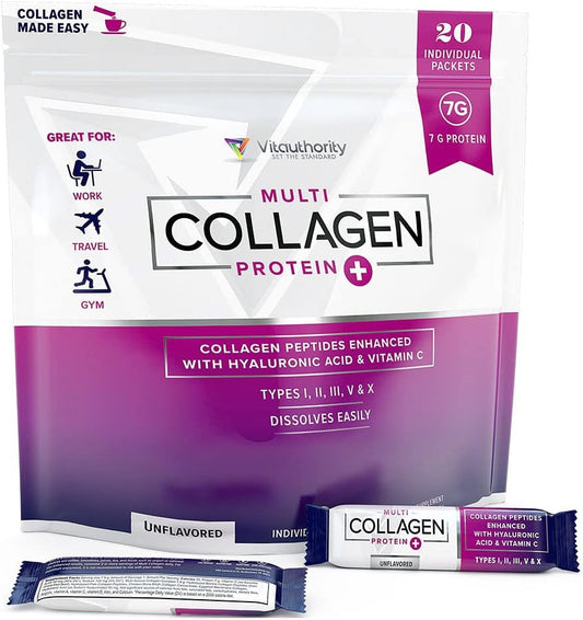 Vitauthority Multi Collagen Peptides with Hyaluronic Acid, Vitamin C - 20 Stick Packs - Unflavored