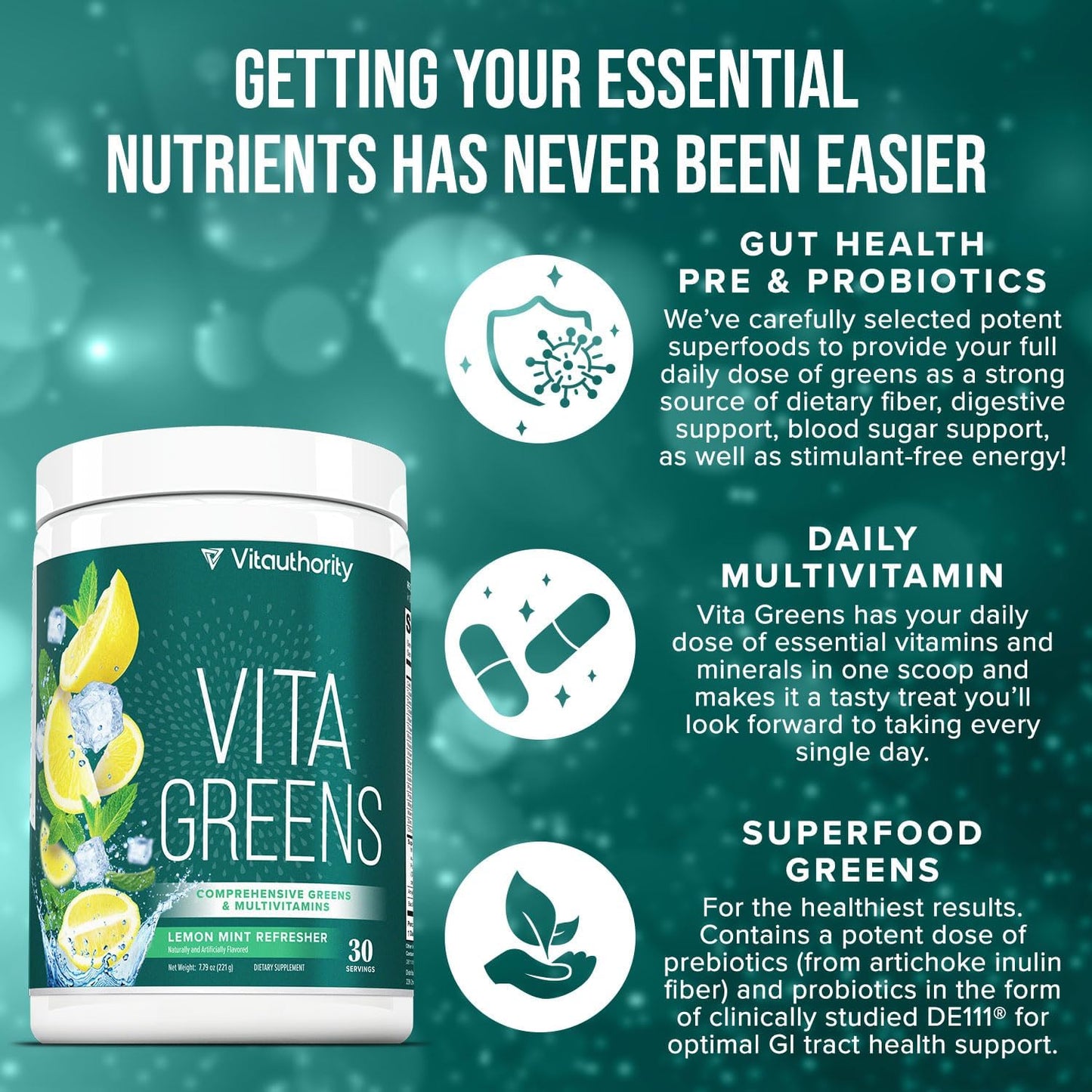 Vitauthority Vita Greens Superfood Powder: Immune & Digestive Support + Energy Boost | Daily Multivitamin Blend
