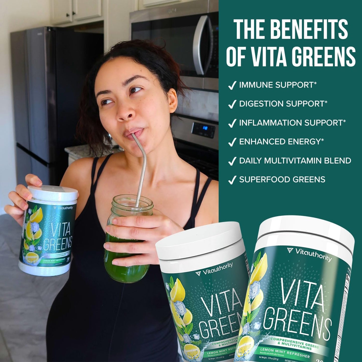 Vitauthority Vita Greens Superfood Powder: Immune & Digestive Support + Energy Boost | Daily Multivitamin Blend