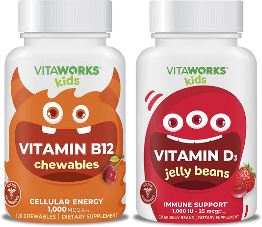 VitaWorks Kids Chewable Vitamin B12 + D3 1000 IU Jelly Beans Combo Pack