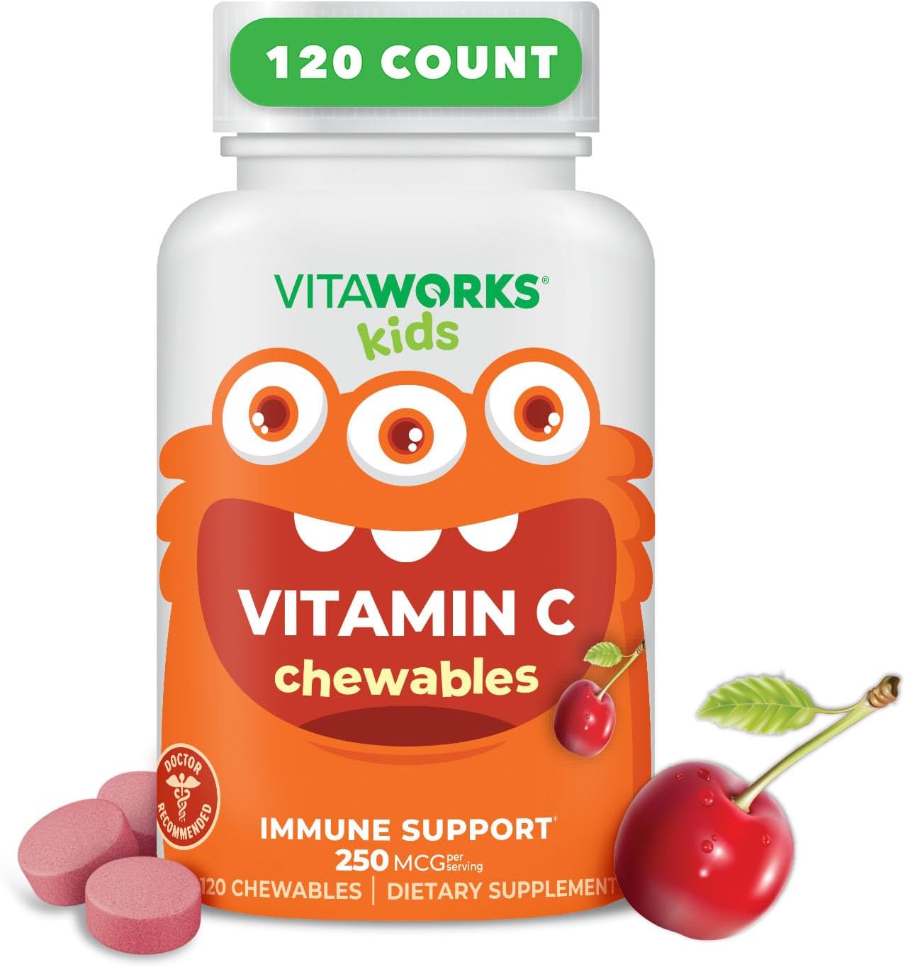 VitaWorks Kids Vitamin C Chewable Tablets 250mg - Natural Cherry Flavor - Vegan, GMO-Free, Gluten Free, Nut Free - Immune Support - 120 Chewables - BoostGo Australia