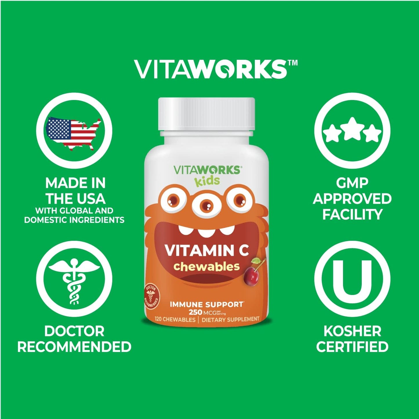 VitaWorks Kids Vitamin C Chewable Tablets 250mg - Natural Cherry Flavor - Vegan, GMO-Free, Gluten Free, Nut Free - Immune Support - 120 Chewables - BoostGo Australia
