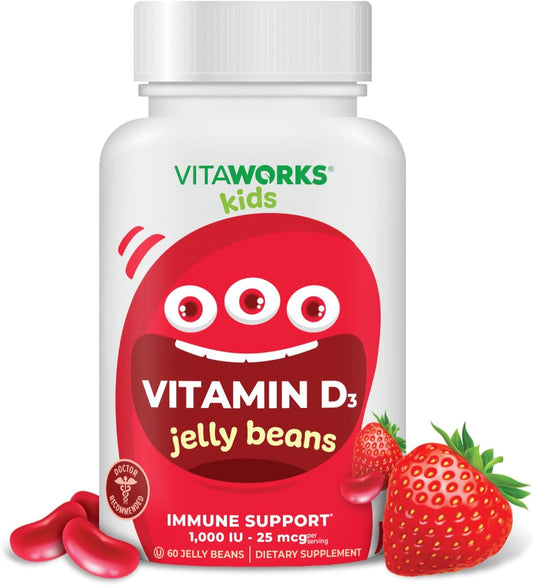 VitaWorks Kids Vitamin D 1000 IU Jelly Beans - Strawberry Flavored Immune Support Supplement for Children - 60 Jellies - BoostGo Australia