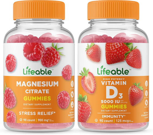 VitaWorks Lifeable Magnesium + Vitamin D Gummies Bundle - 5000 IU, Chewable, Gluten Free, GMO Free, Vitamin Supplement