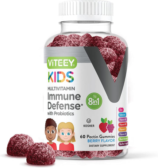 Viteey Kids Multivitamin Gummies with Probiotics - Immune Health Support with Vitamin C, D3, B12, B6, Zinc, Elderberry - Vegetarian - Berry Flavored