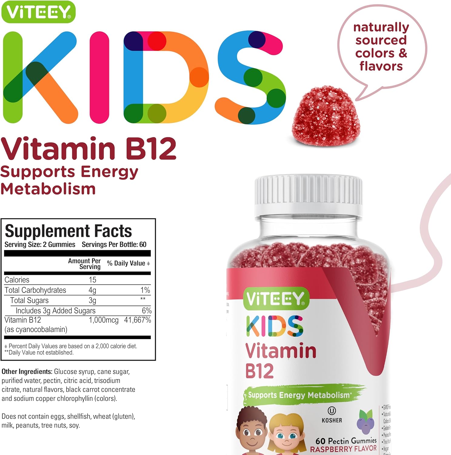 Viteey Kids Vitamin B12 Gummies - 1000mcg Metabolism & Energy Support - Vegan, Gelatin, Gluten, GMO Free - Raspberry Flavored Chewable B12