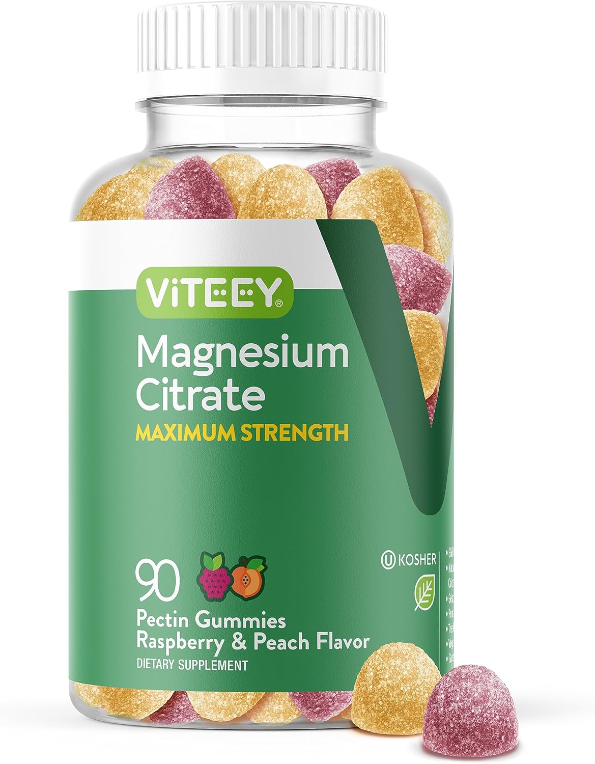 Viteey Magnesium Citrate Gummies - Maximum Strength 255mg for Calm Mood & Muscle Function - Vegan Raspberry & Peach Flavored Gummy