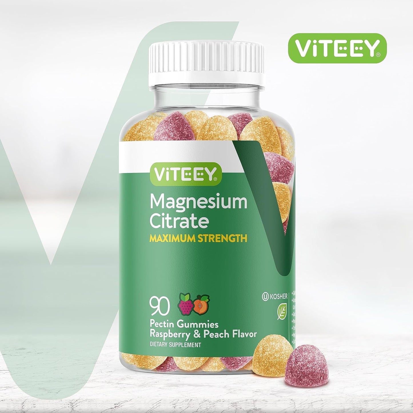 Viteey Magnesium Citrate Gummies - Maximum Strength 255mg for Calm Mood & Muscle Function - Vegan Raspberry & Peach Flavored Gummy