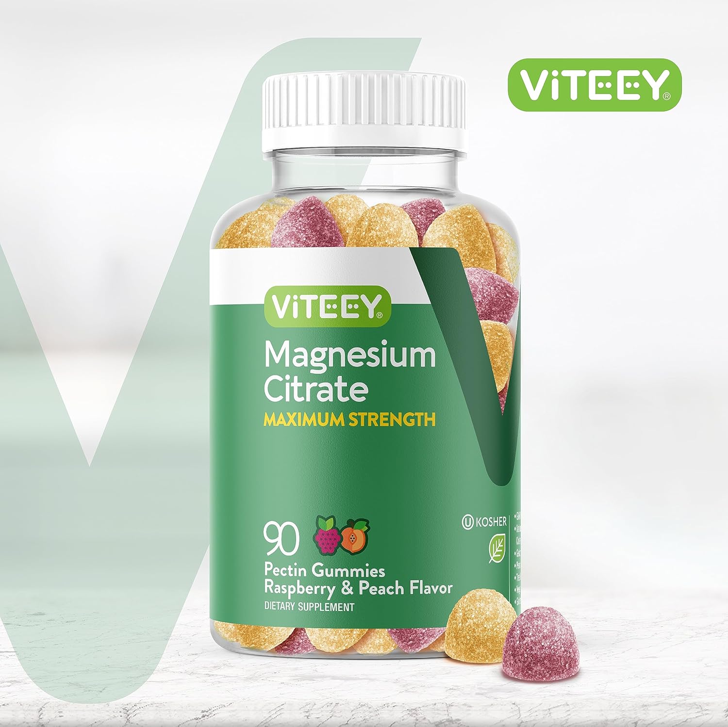 Viteey Magnesium Citrate Gummies - Maximum Strength 255mg for Calm Mood & Muscle Function - Vegan Raspberry & Peach Flavored Gummy