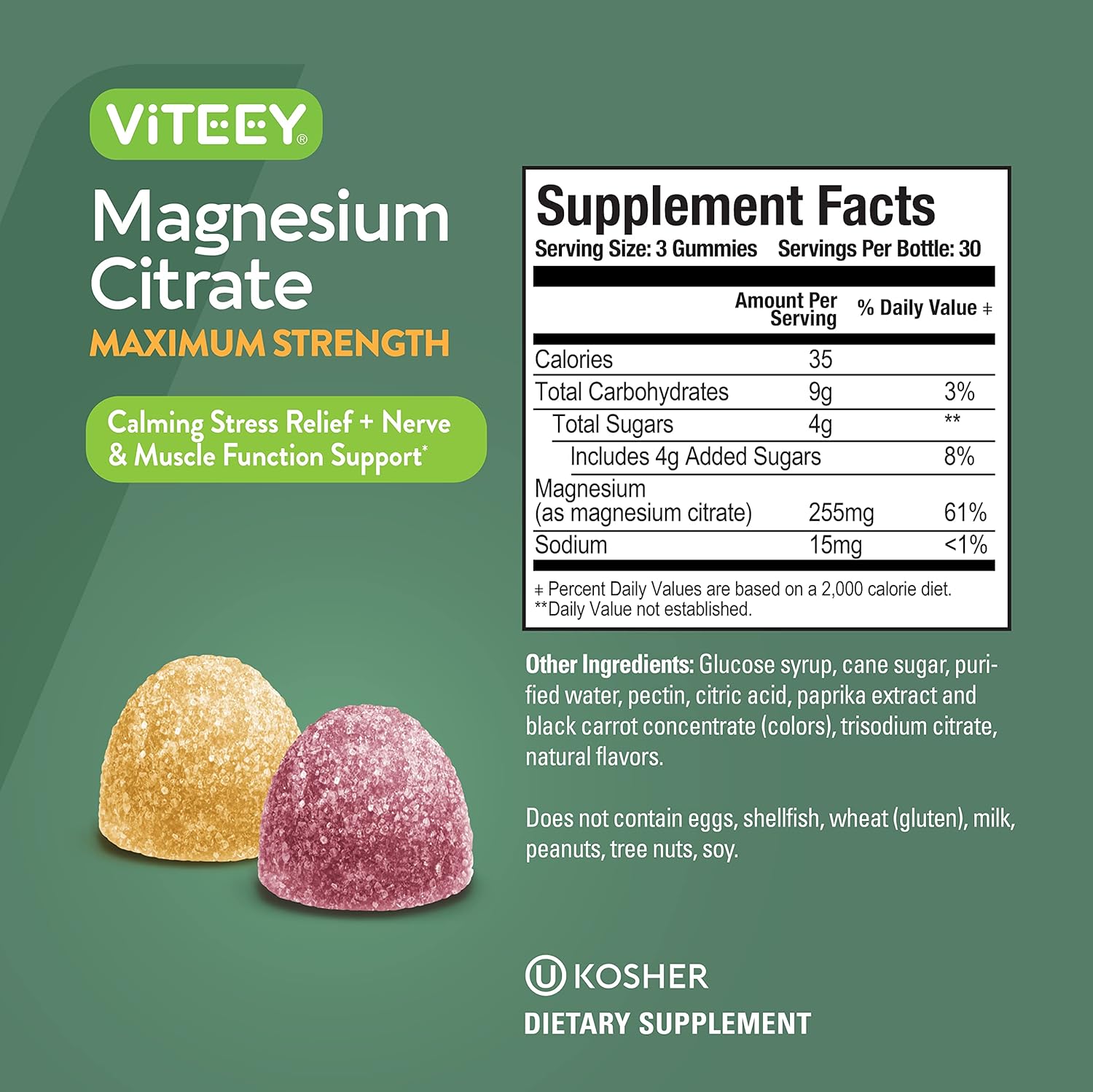 Viteey Magnesium Citrate Gummies - Maximum Strength 255mg for Calm Mood & Muscle Function - Vegan Raspberry & Peach Flavored Gummy