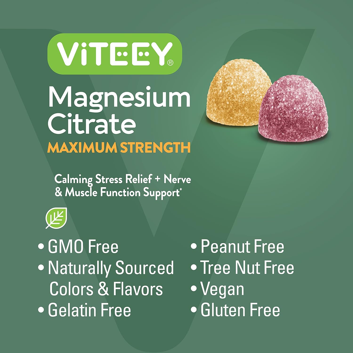 Viteey Magnesium Citrate Gummies - Maximum Strength 255mg for Calm Mood & Muscle Function - Vegan Raspberry & Peach Flavored Gummy