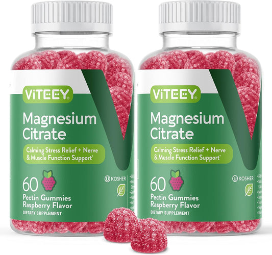 Viteey Magnesium Citrate Gummies for Adults & Teens - 66mg, Supports Calm Mood, Relaxation, Muscle Function - Vegetarian, Gelatin Free, GMO Free - Raspberry Flavored Chewable Gummy