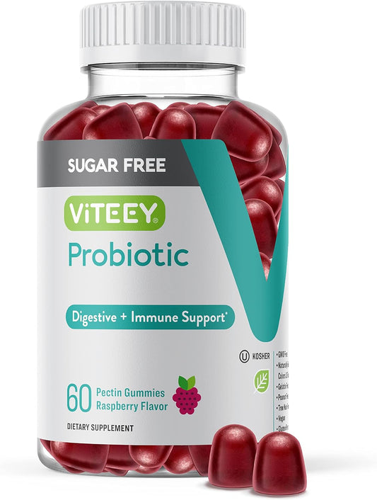Viteey Probiotic Gummies: Immune and Digestive Support for Women, Men, and Teens - 2 Billion CFUs, Vegan, Sugar-Free Raspberry Flavor