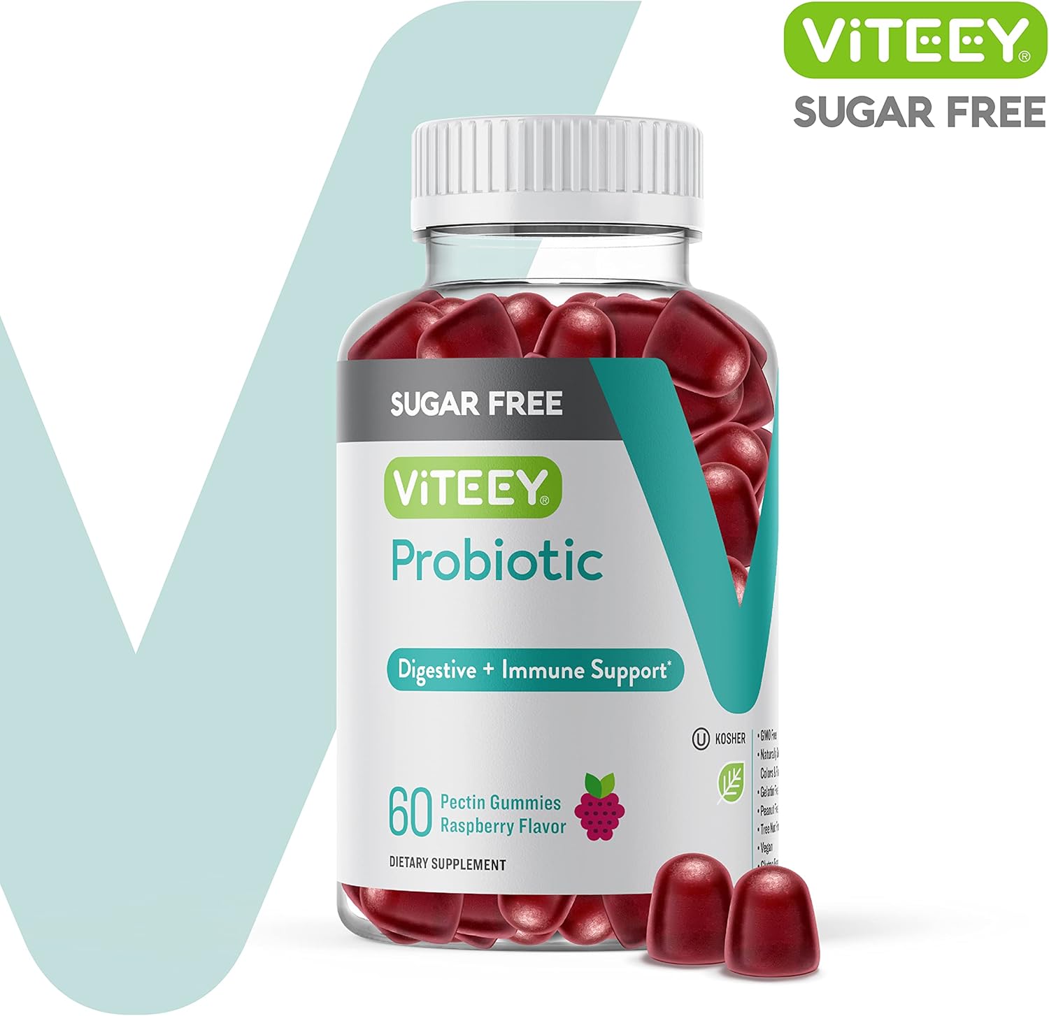 Viteey Probiotic Gummies: Immune and Digestive Support for Women, Men, and Teens - 2 Billion CFUs, Vegan, Sugar-Free Raspberry Flavor