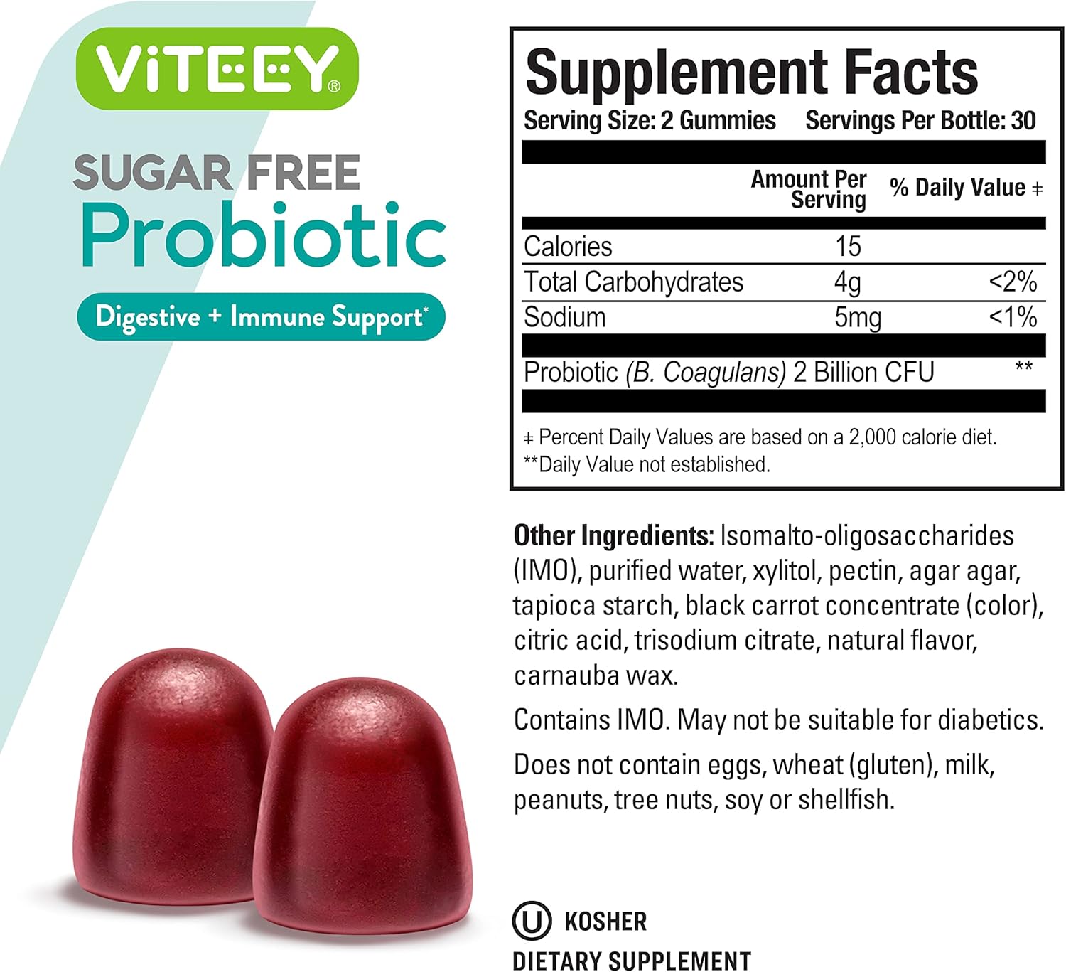 Viteey Probiotic Gummies: Immune and Digestive Support for Women, Men, and Teens - 2 Billion CFUs, Vegan, Sugar-Free Raspberry Flavor