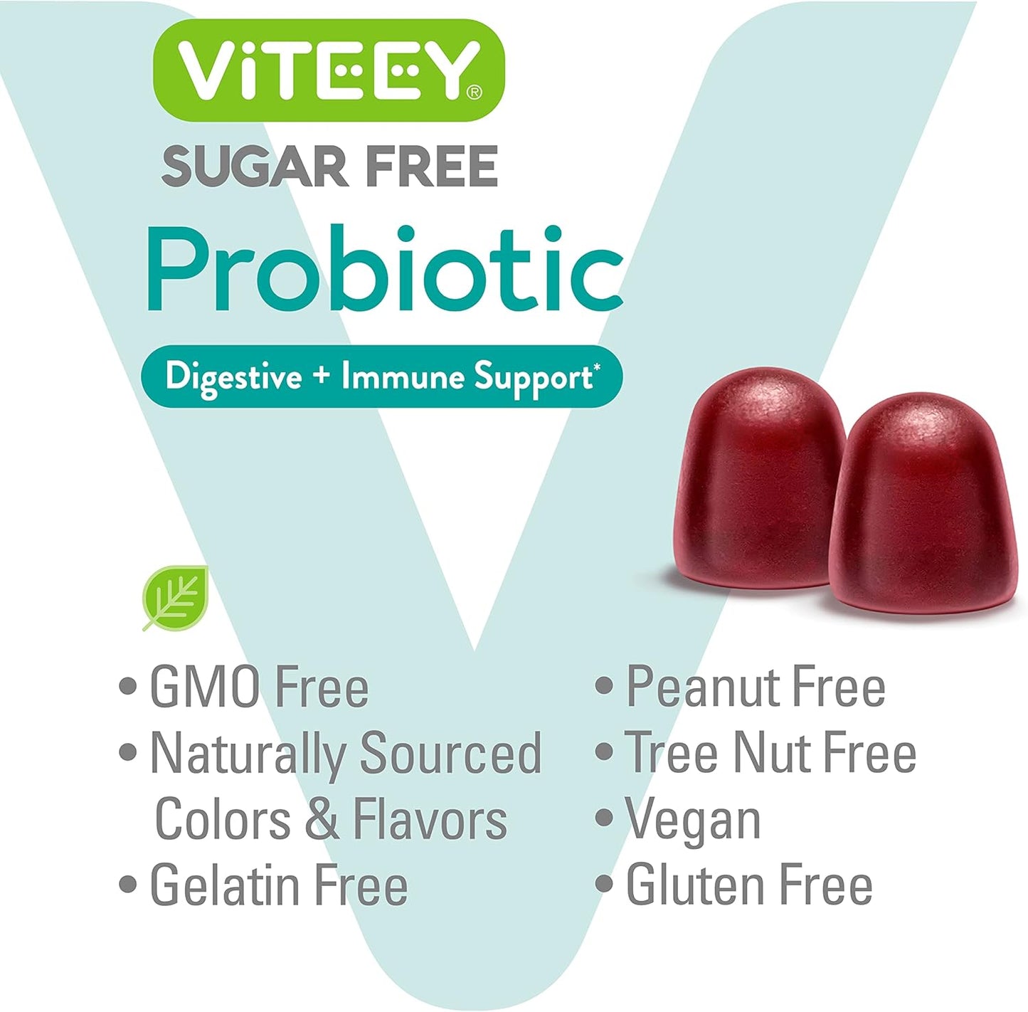 Viteey Probiotic Gummies: Immune and Digestive Support for Women, Men, and Teens - 2 Billion CFUs, Vegan, Sugar-Free Raspberry Flavor