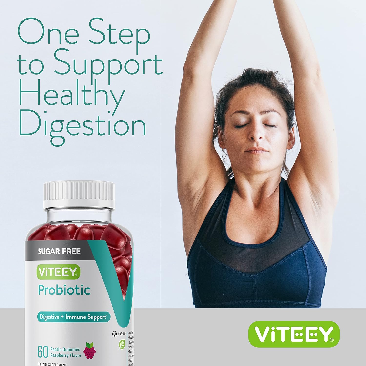 Viteey Probiotic Gummies: Immune and Digestive Support for Women, Men, and Teens - 2 Billion CFUs, Vegan, Sugar-Free Raspberry Flavor