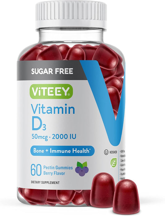 Viteey Sugar-Free Vitamin D3 Gummies for Adults & Teens - 2,000 IU, 50mcg - Bone, Joint, Muscle Health and Immune Boost - Vegetarian, Gelatin and GMO Free - Berry Flavored Chewables