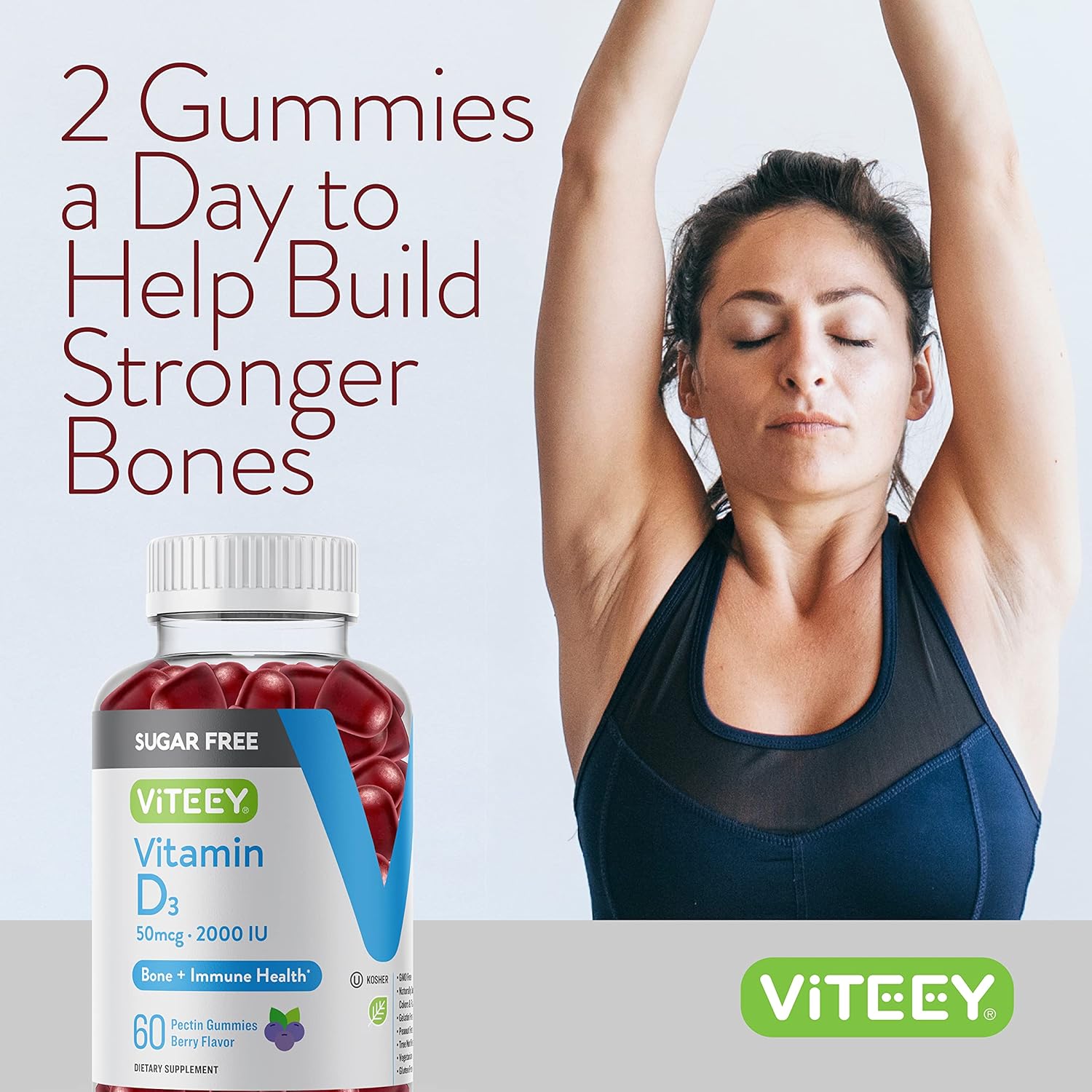 Viteey Sugar-Free Vitamin D3 Gummies for Adults & Teens - 2,000 IU, 50mcg - Bone, Joint, Muscle Health and Immune Boost - Vegetarian, Gelatin and GMO Free - Berry Flavored Chewables
