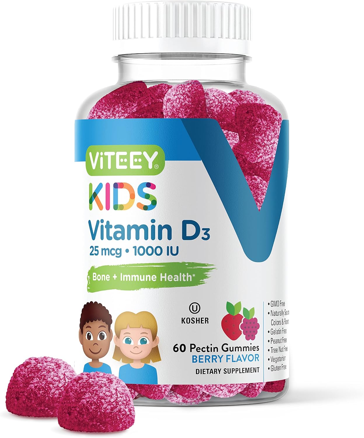 Viteey Vitamin D3 Kids Gummies 25mcg 1000 IU - Vegetarian Berry Flavored Gummy for Bone, Immune, and Joint Health