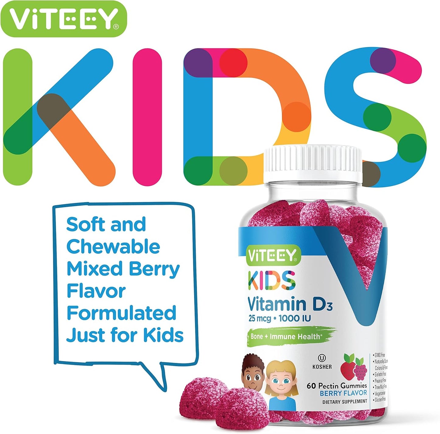 Viteey Vitamin D3 Kids Gummies 25mcg 1000 IU - Vegetarian Berry Flavored Gummy for Bone, Immune, and Joint Health