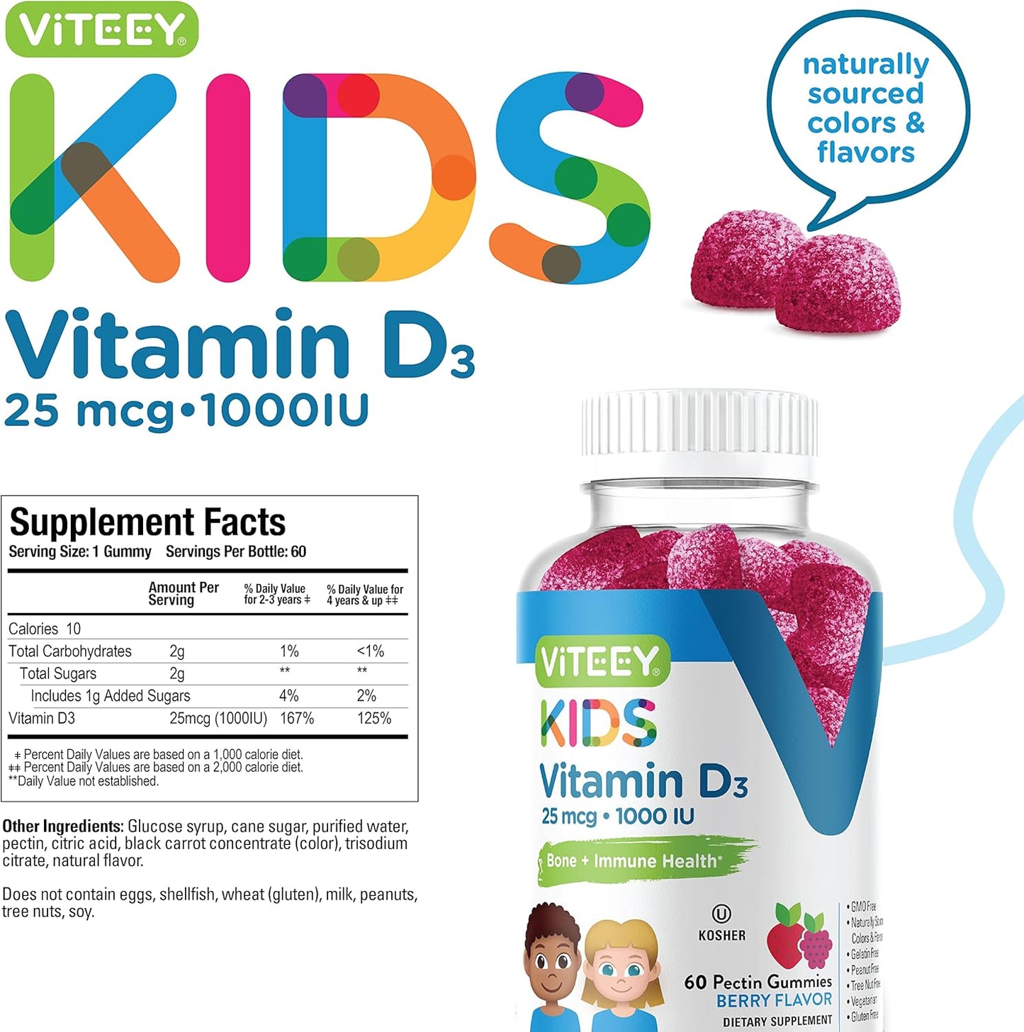 Viteey Vitamin D3 Kids Gummies 25mcg 1000 IU - Vegetarian Berry Flavored Gummy for Bone, Immune, and Joint Health