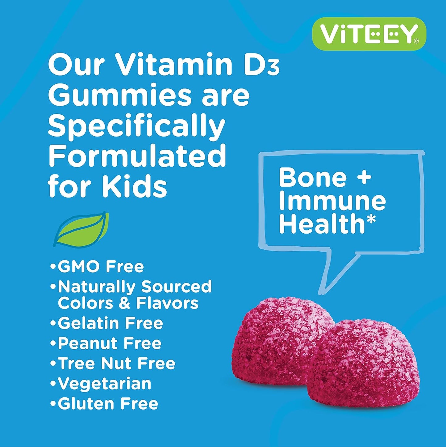 Viteey Vitamin D3 Kids Gummies 25mcg 1000 IU - Vegetarian Berry Flavored Gummy for Bone, Immune, and Joint Health