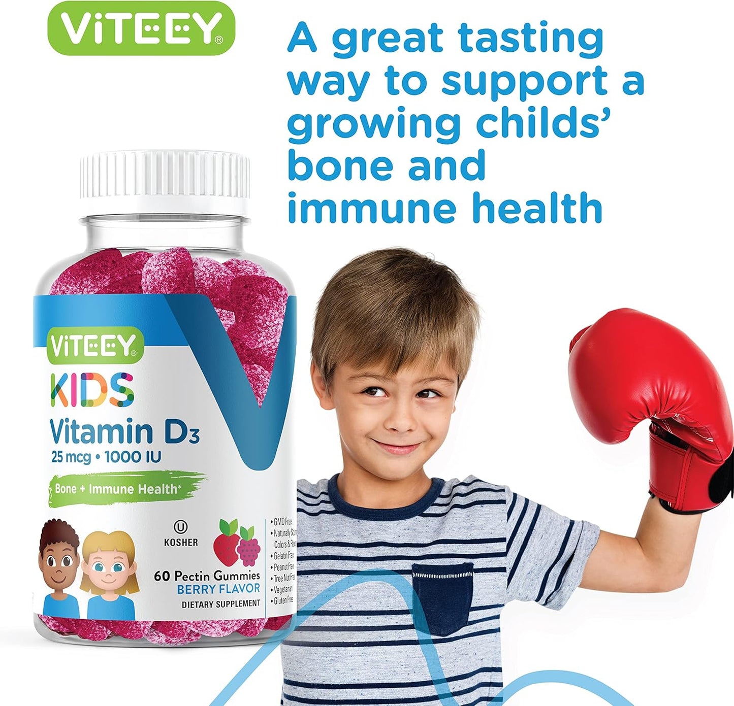 Viteey Vitamin D3 Kids Gummies 25mcg 1000 IU - Vegetarian Berry Flavored Gummy for Bone, Immune, and Joint Health