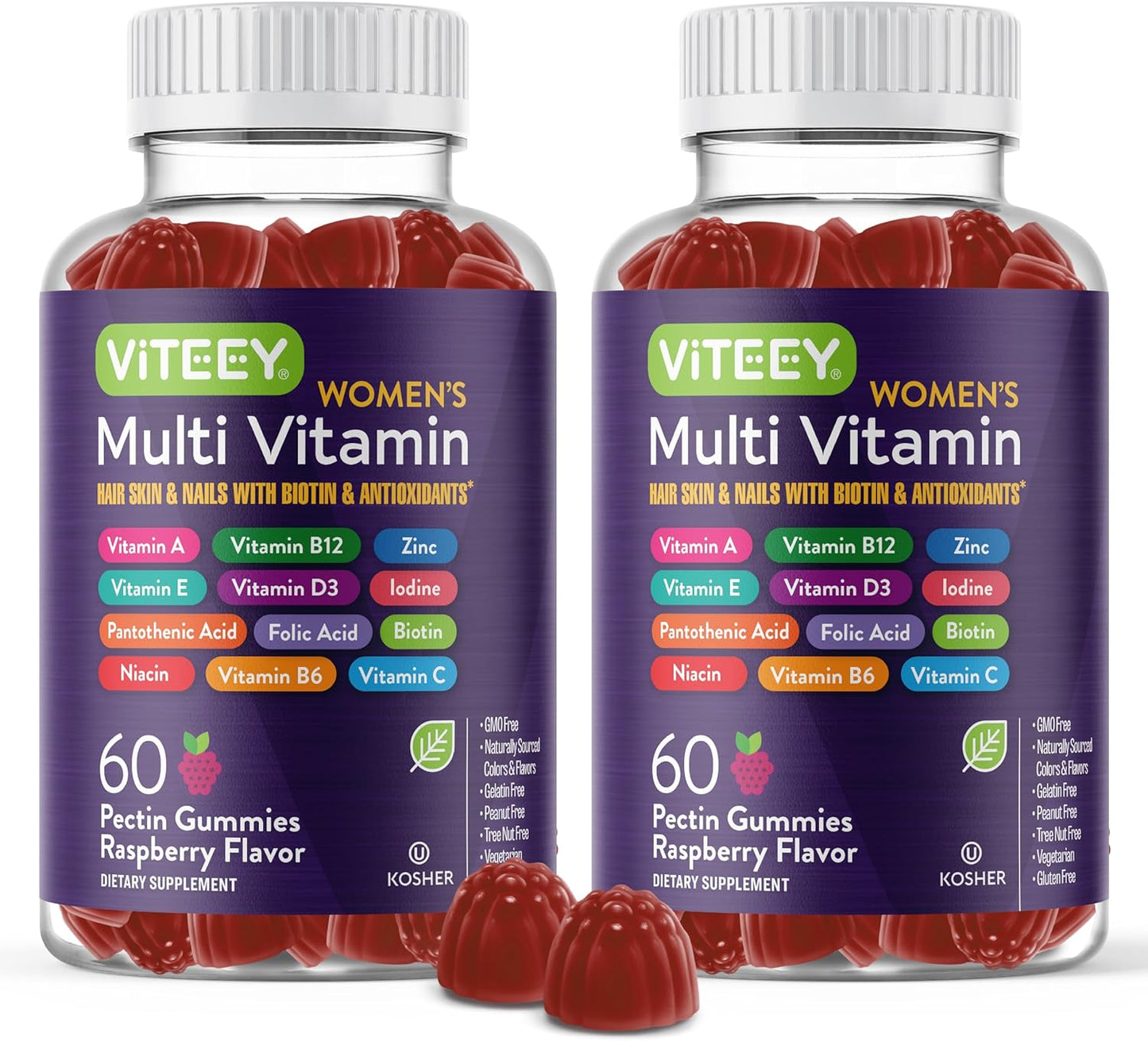 Viteey Women's Immune Support Multivitamin Gummies - 12 Essential Daily Vitamins & Minerals - Vegetarian Raspberry Flavor