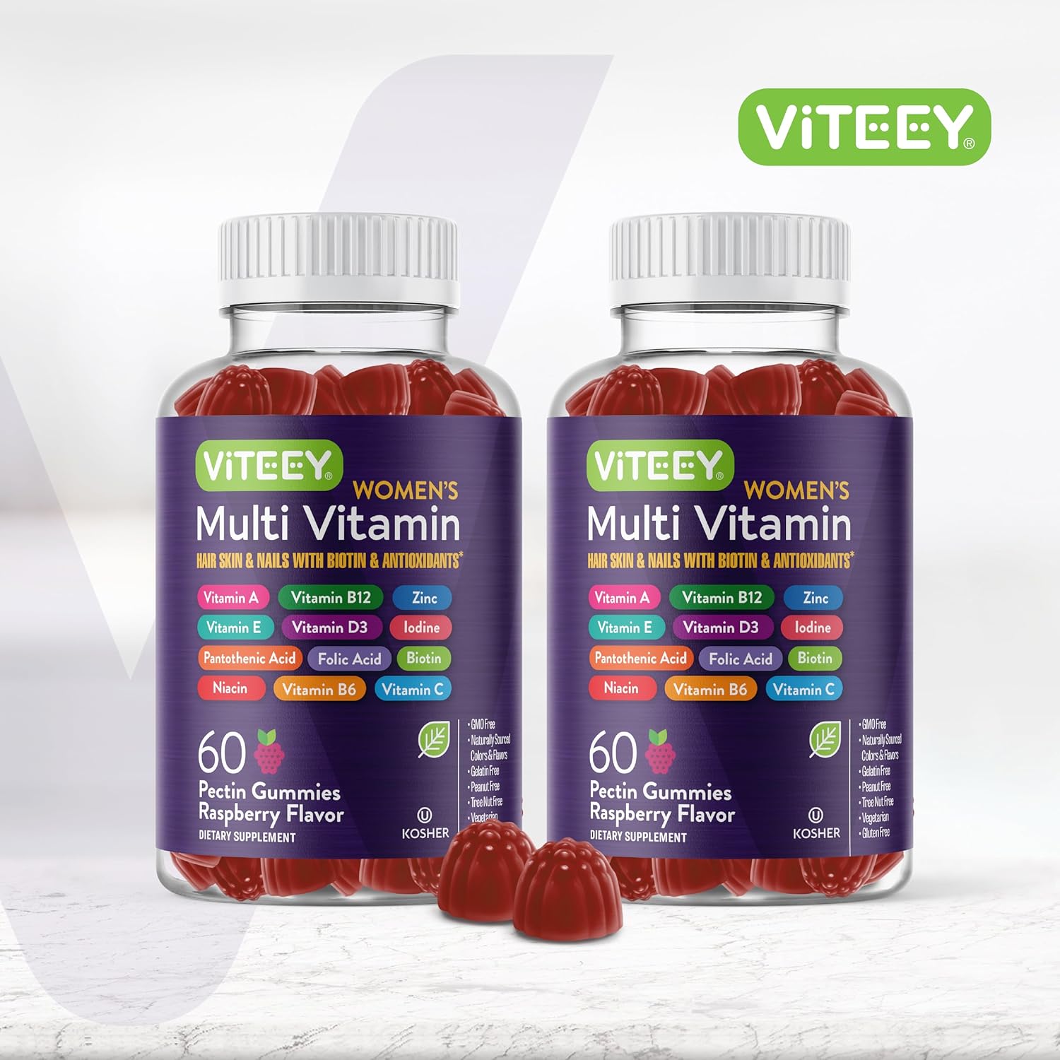 Viteey Women's Immune Support Multivitamin Gummies - 12 Essential Daily Vitamins & Minerals - Vegetarian Raspberry Flavor