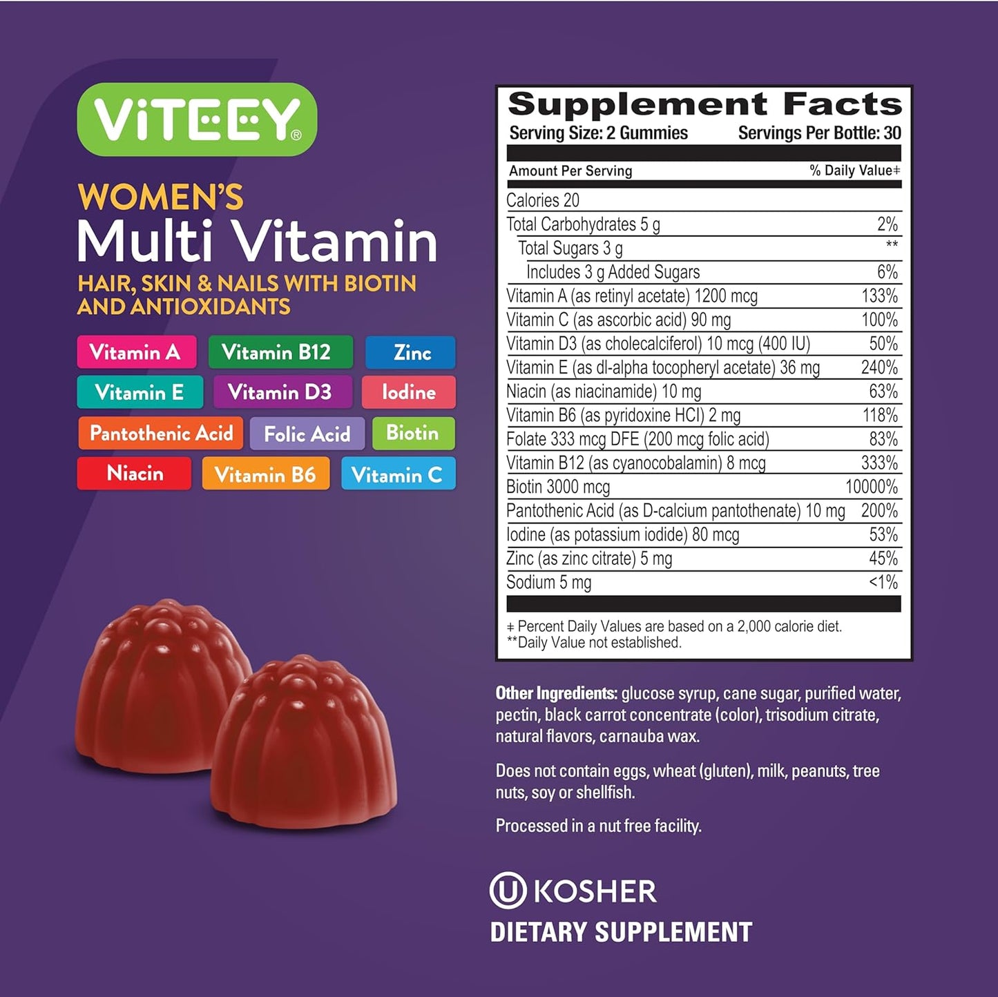 Viteey Women's Immune Support Multivitamin Gummies - 12 Essential Daily Vitamins & Minerals - Vegetarian Raspberry Flavor