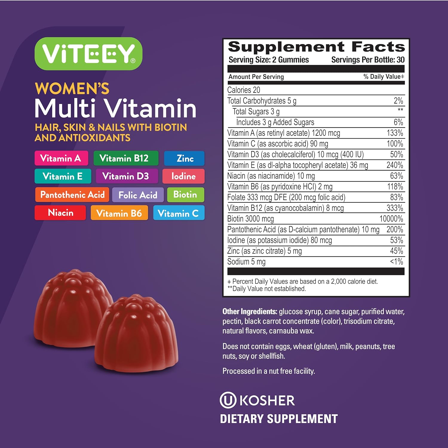 Viteey Women's Immune Support Multivitamin Gummies - 12 Essential Daily Vitamins & Minerals - Vegetarian Raspberry Flavor