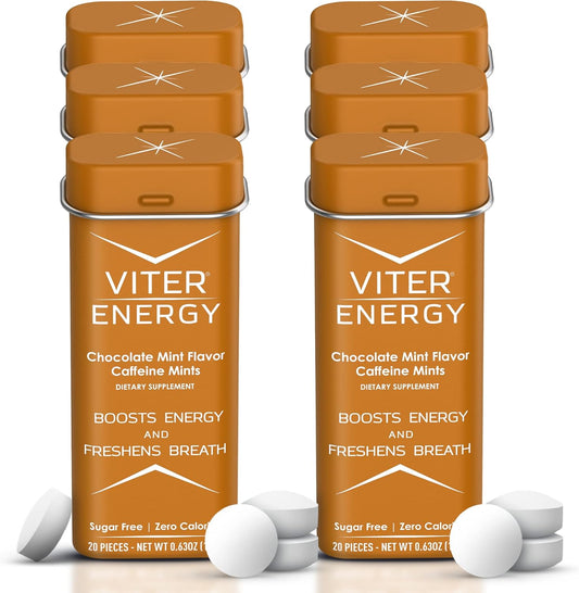 Viter Energy Chocolate Mint Caffeinated Mints - 6 Pack of 20pcs, Sugar Free with 40mg Caffeine and B Vitamins