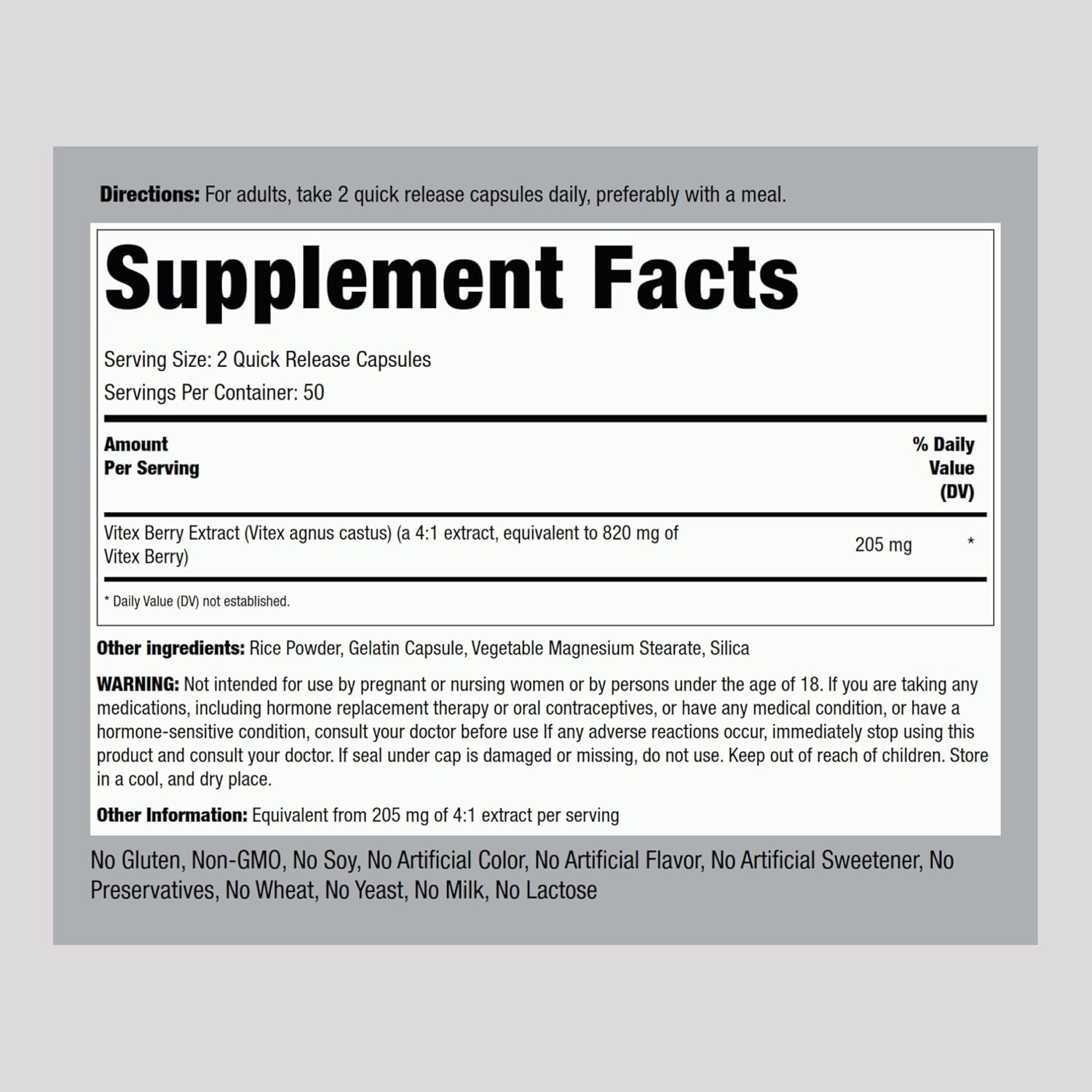 Vitex Chasteberry 820mg Supplement for Women | 100 Capsules | Fruit Extract | Non-GMO & Gluten Free | Piping Rock