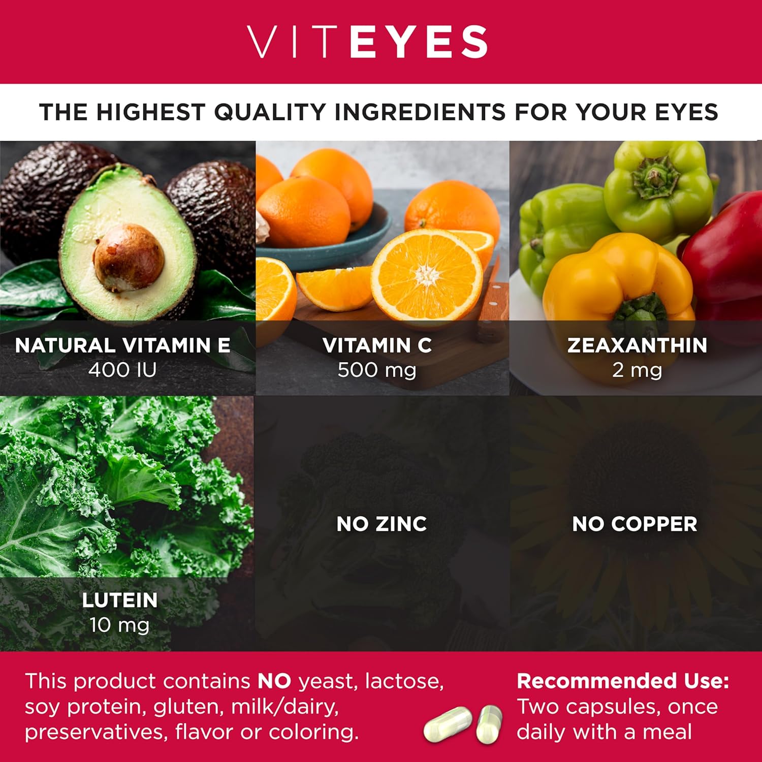 Viteyes Macular Support Capsules with Vitamin E, Vitamin C, Lutein & Zeaxanthin - No Zinc or Copper - 120 Ct - Made in USA
