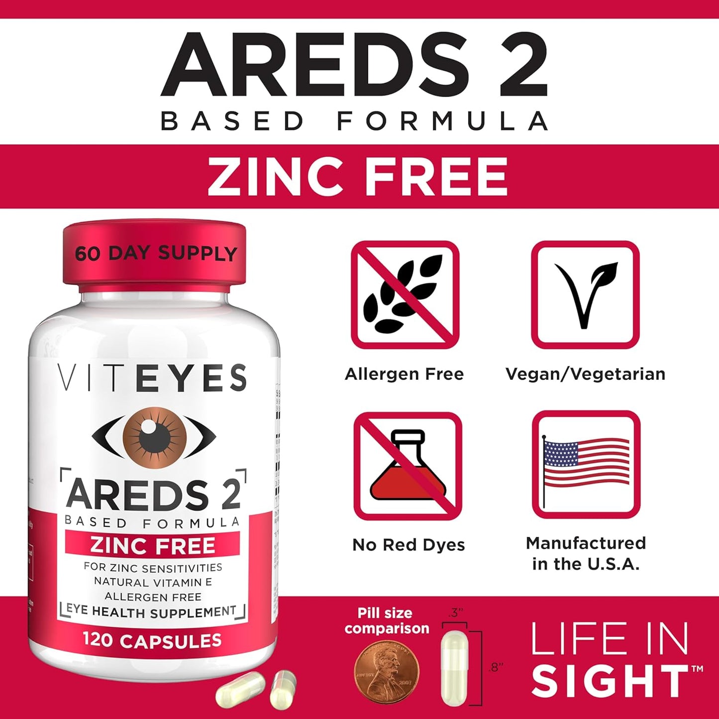 Viteyes Macular Support Capsules with Vitamin E, Vitamin C, Lutein & Zeaxanthin - No Zinc or Copper - 120 Ct - Made in USA
