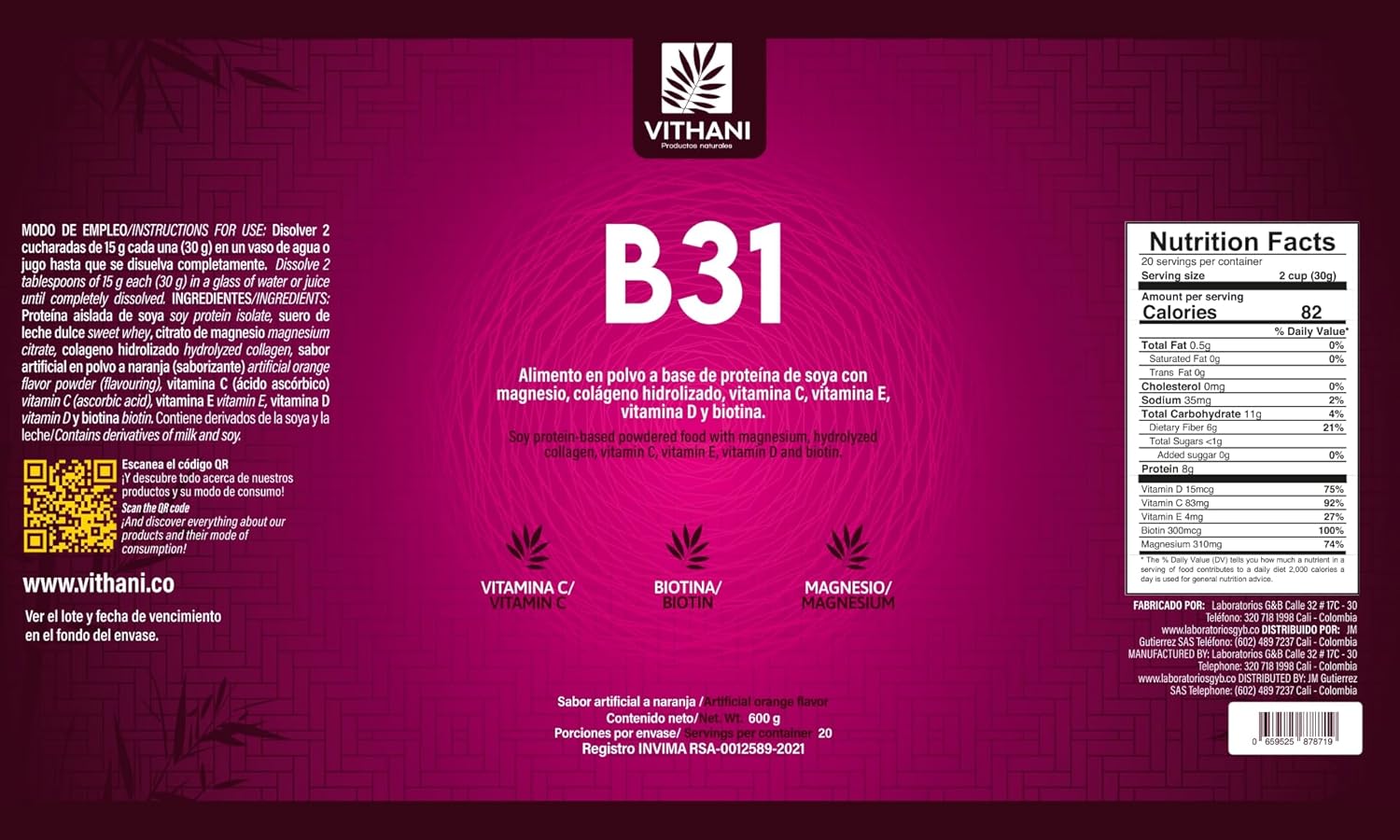 Vithani B31 Powdered Food: Soy Protein with Magnesium, Collagen, Vitamins C, E, D, Biotin