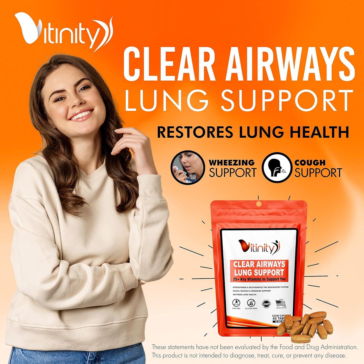 VITINITY Lung Cleanse Supplement, 25+ Key Ingredients for Respiratory Health, Immune Support, Breathing, Asthma, Allergies - 90 Day Supply