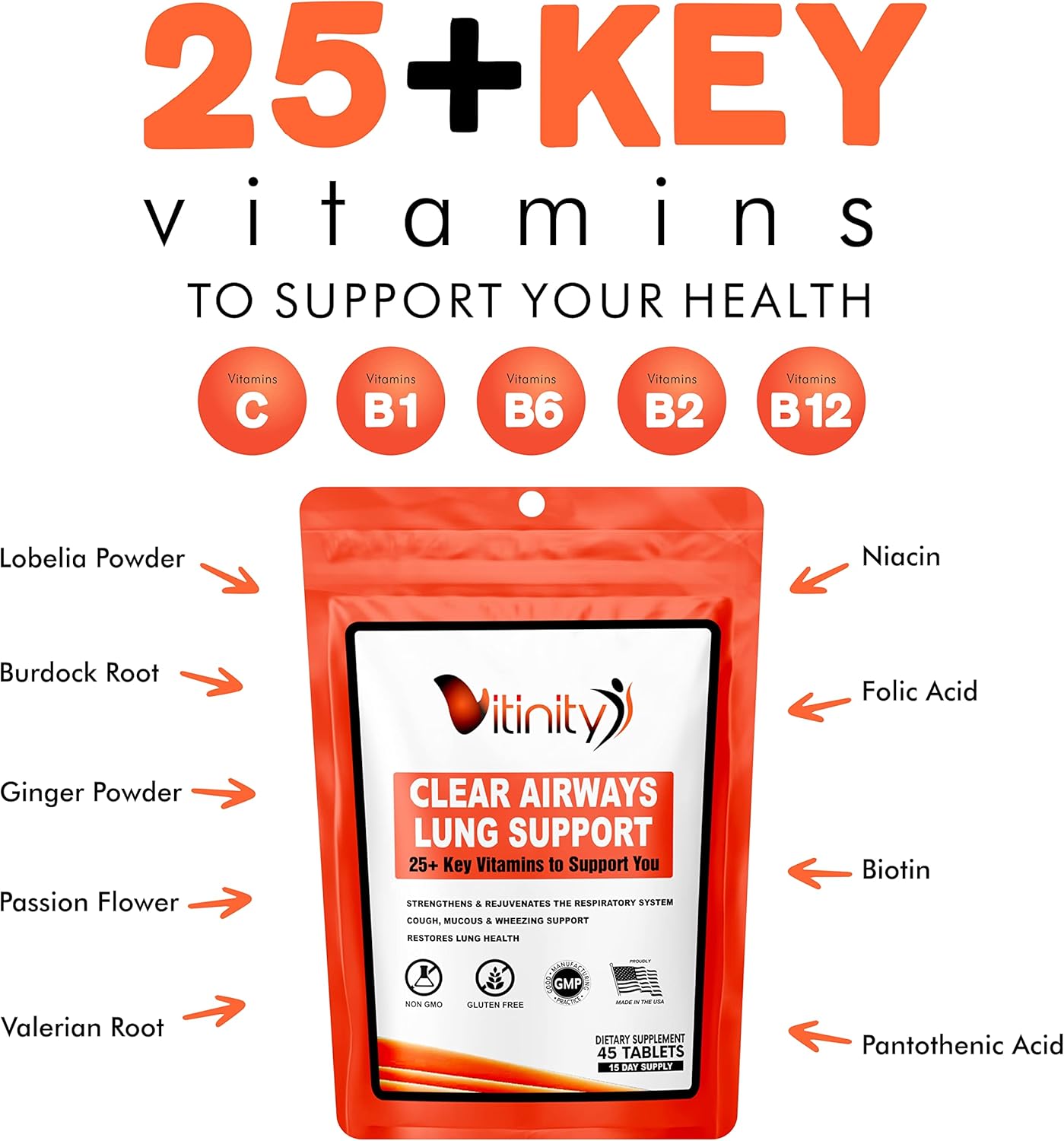 VITINITY Lung Cleanse Supplement, 25+ Key Ingredients for Respiratory Health, Immune Support, Breathing, Asthma, Allergies - 90 Day Supply