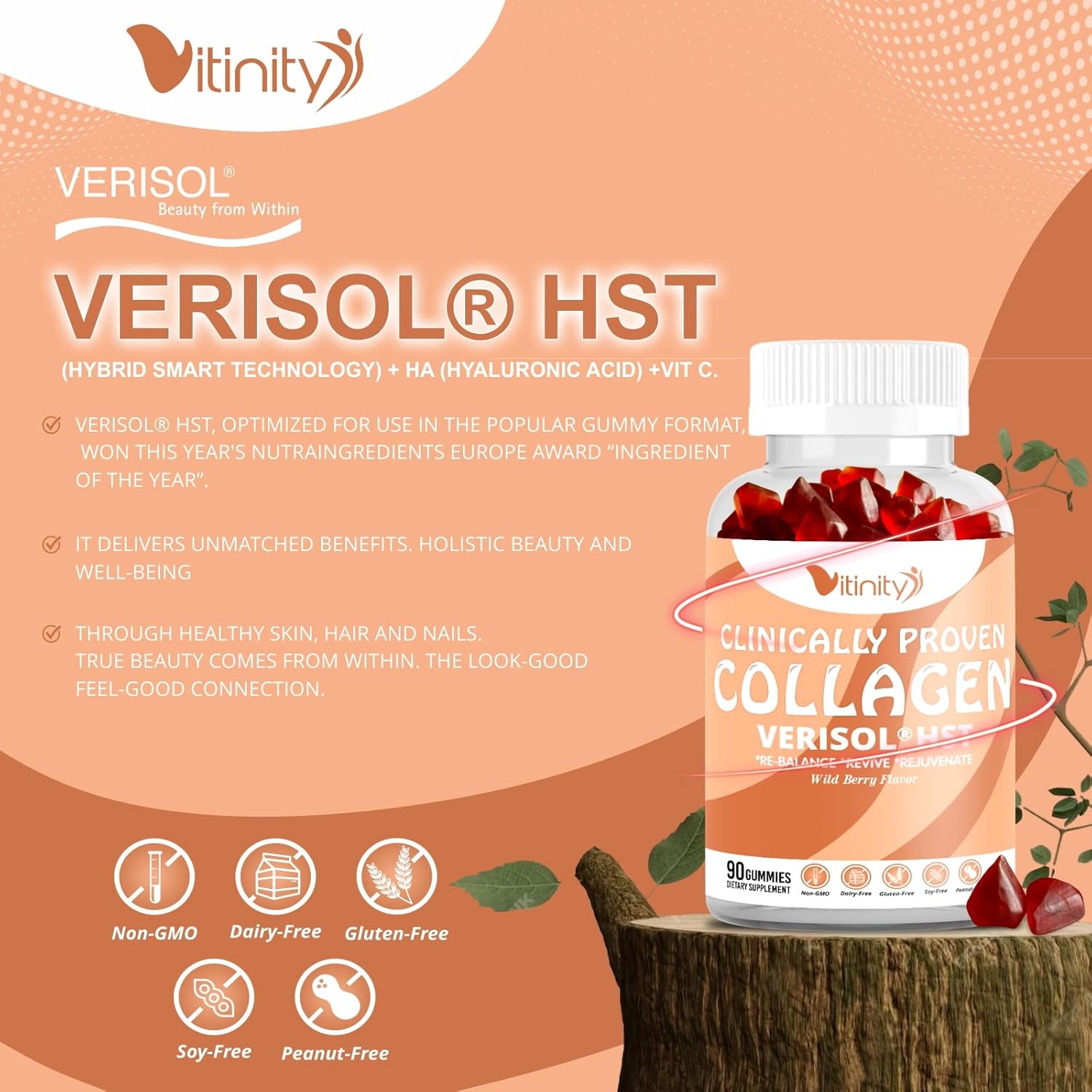 VITINITY VERISOL® Collagen Gummies with HA & Vit C - Clinically Proven Beauty Supplement for Firmer, Smoother Skin, and Reduced Cellulite - 30 Day Supply