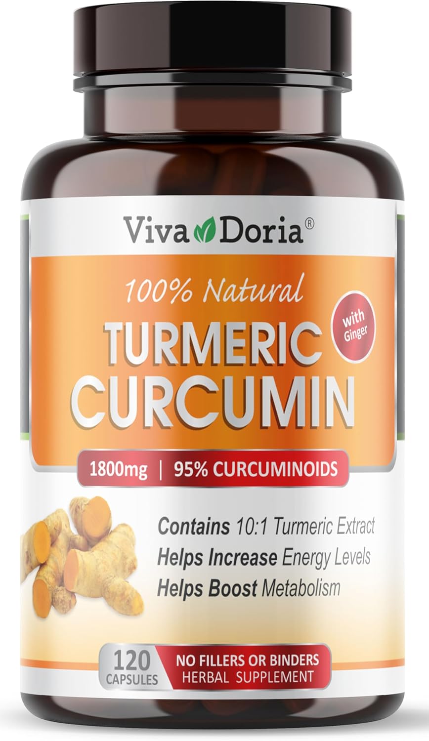 Viva Doria Turmeric Curcumin with Ginger, 95% Standardized Curcuminoids, 1800mg, 120 Capsules - Herbal Extract for Joint Health and Inflammation Support