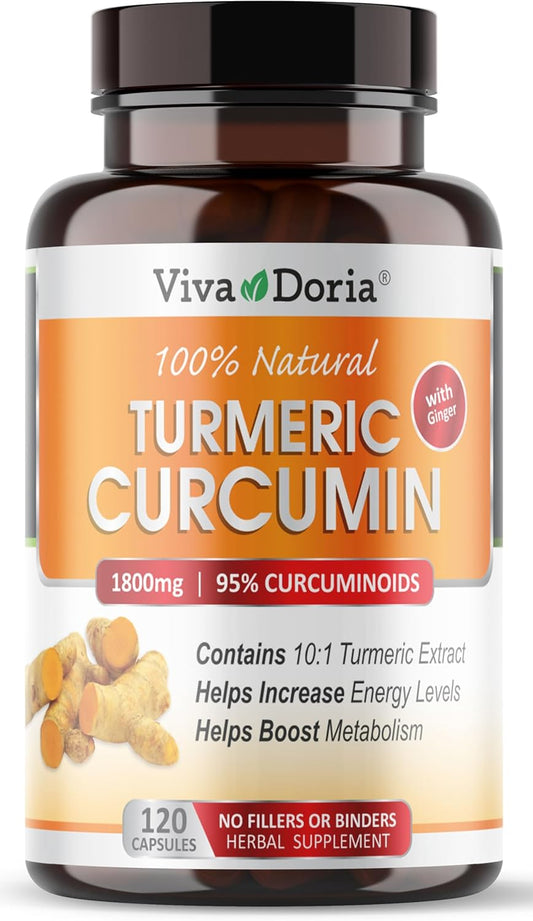 Viva Doria Turmeric Curcumin with Ginger, 95% Standardized Curcuminoids, 1800mg, 120 Capsules - Herbal Extract for Joint Health and Inflammation Support
